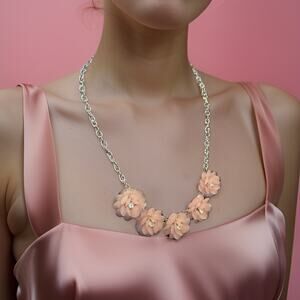 Elegant Pastel Pink Floral Blossom Crystal Statement Necklace silver Adjustable
